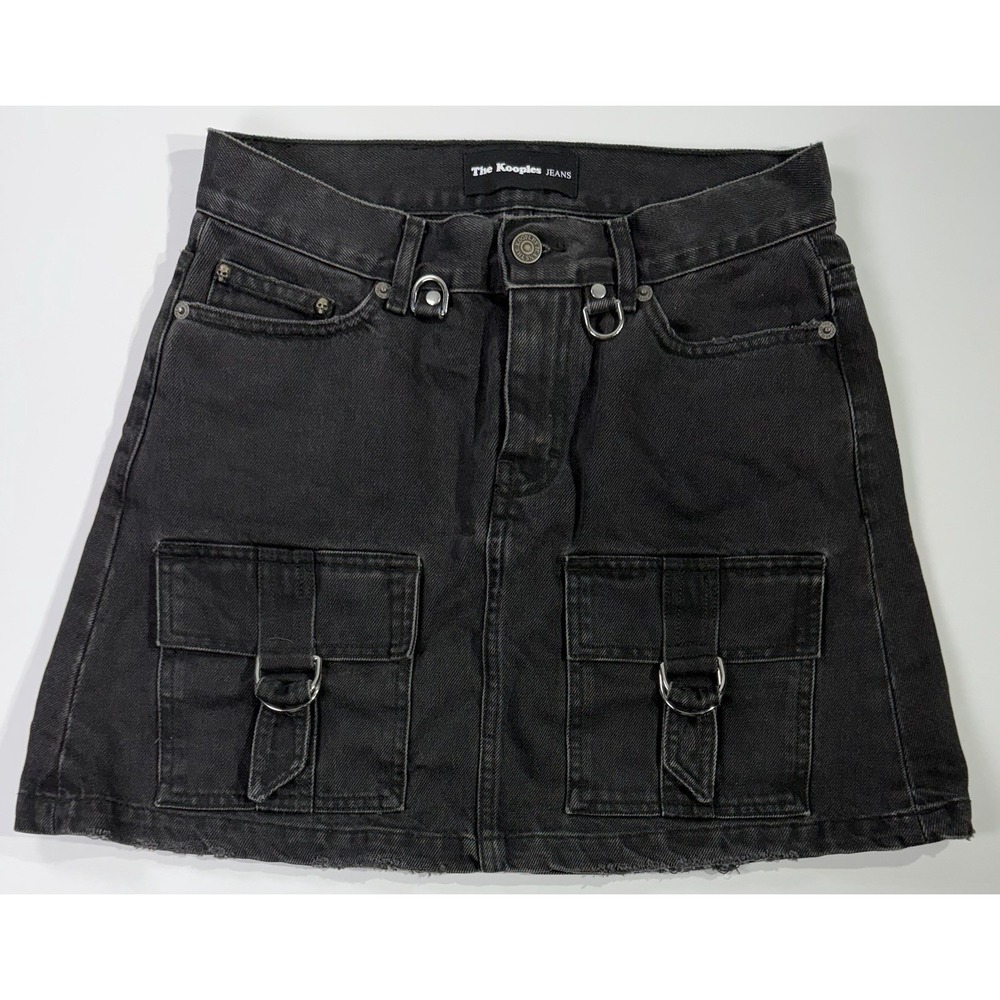 The Kooples Jeans Denim Mini Skirt Womens 1 Black Cargo D Ring‎ Skull Rivets